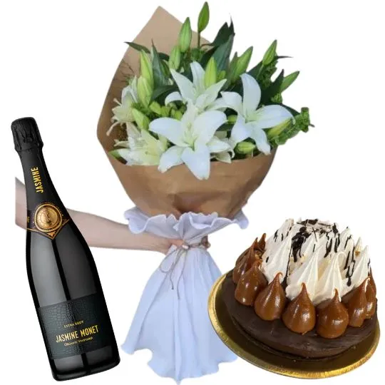 Ramo de flores lilium lirios blancos con torta y espumante